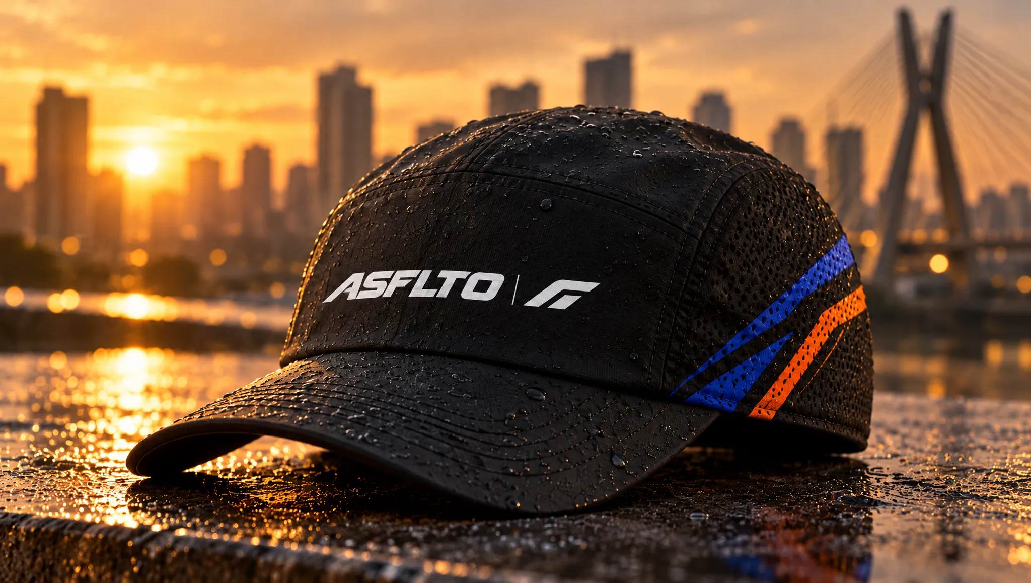 Boné esportivo ASFLTO molhado ao pôr do sol