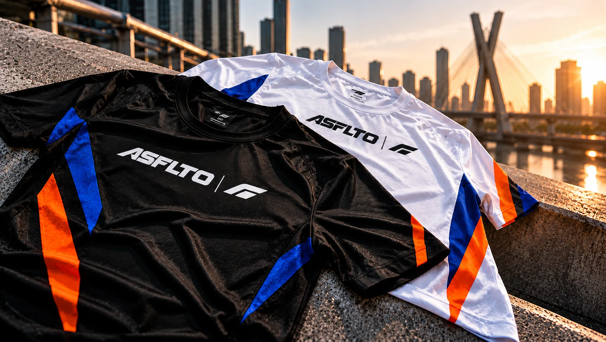 Camisetas esportivas ASFLTO ao pôr do sol urbano