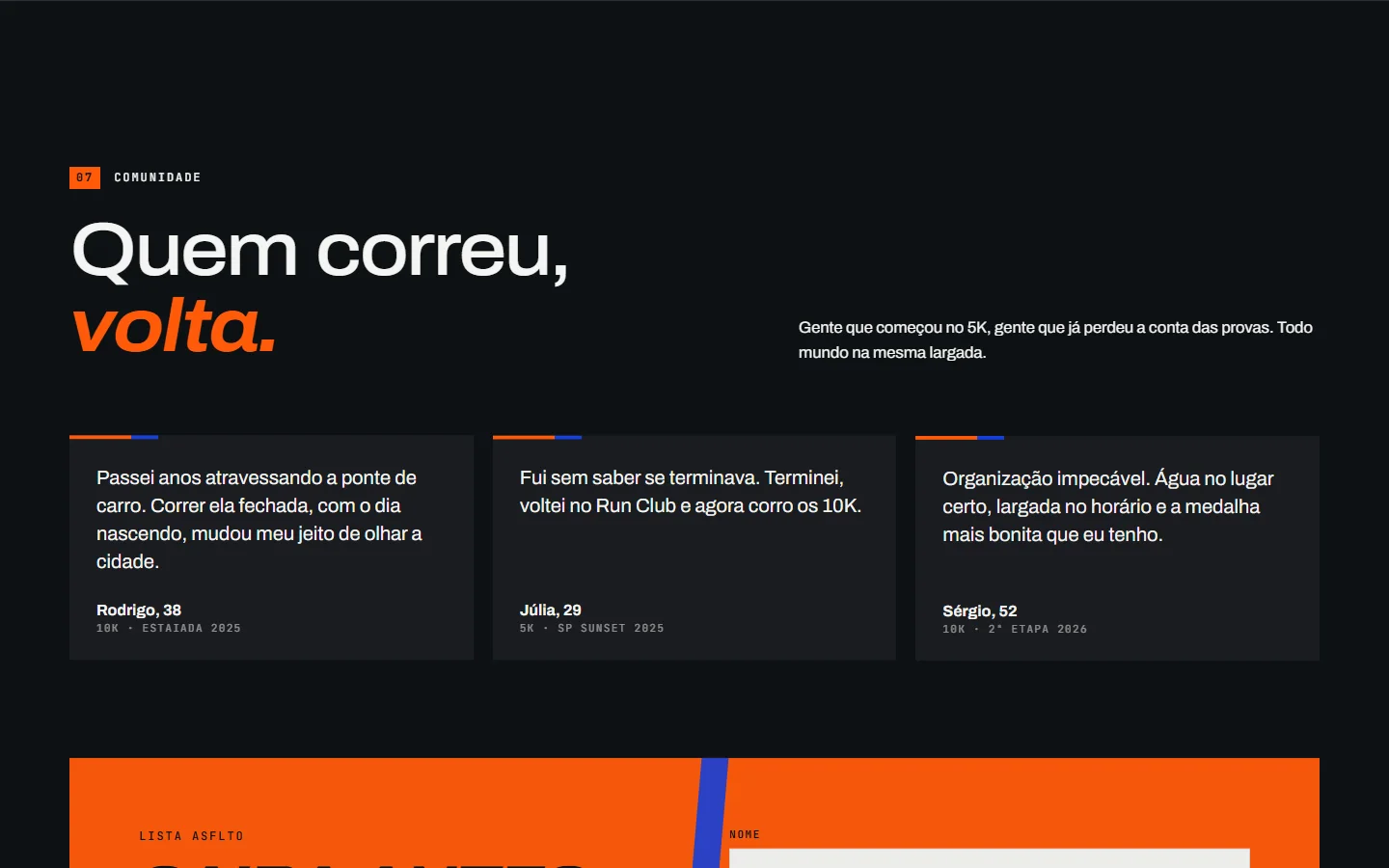Seção de comunidade do site ASFLTO: quem correu, volta