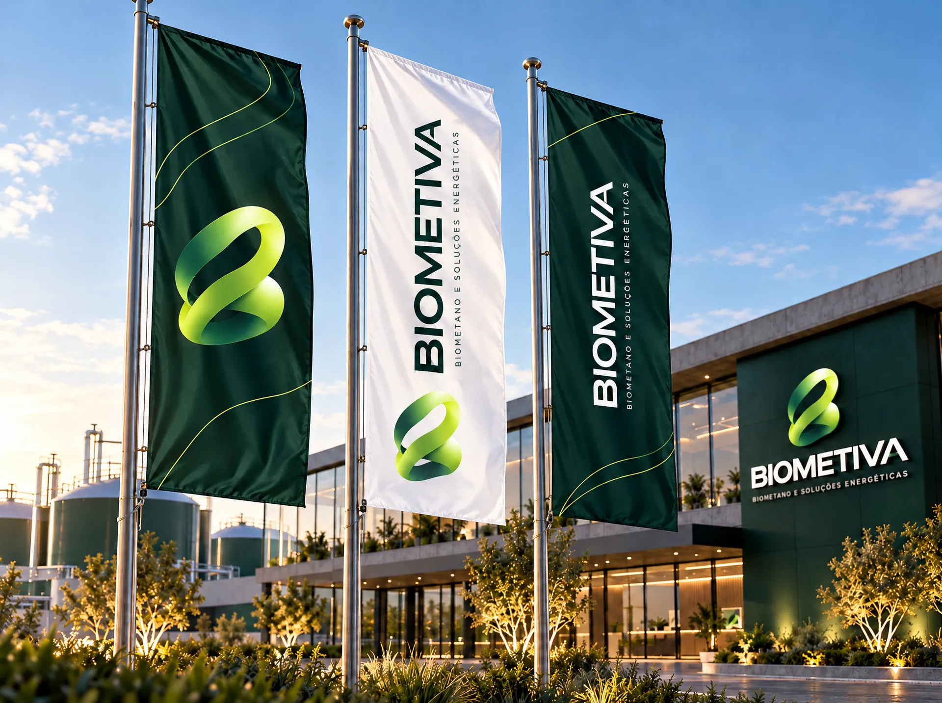 Bandeiras da BIOMETIVA em frente à sede