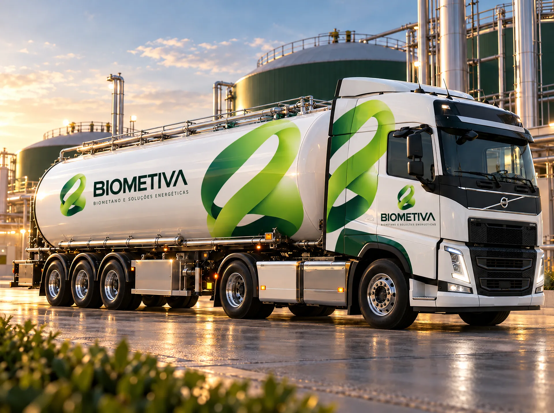 Caminhão-tanque com a identidade visual da BIOMETIVA