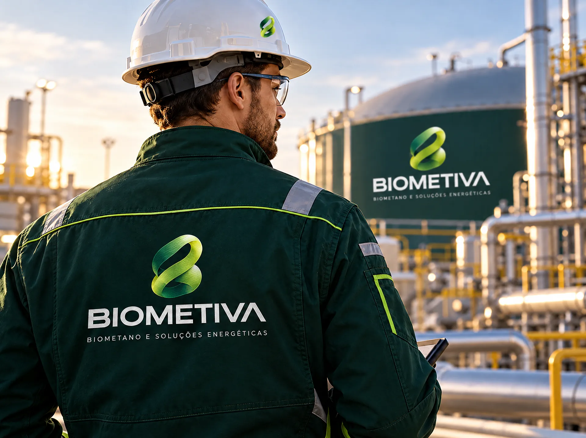 Operador com uniforme da BIOMETIVA em uma planta de biometano