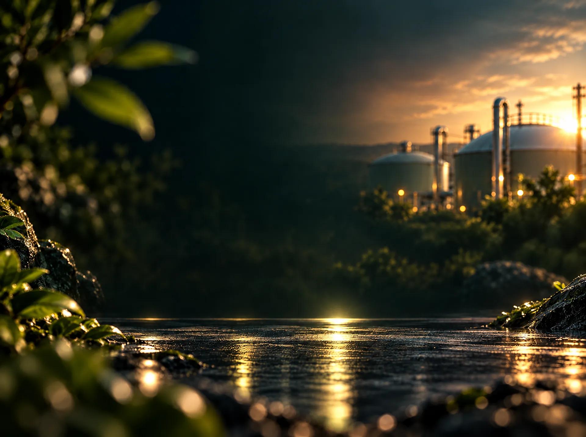 Planta de biogás ao entardecer, direção de imagem da BIOMETIVA