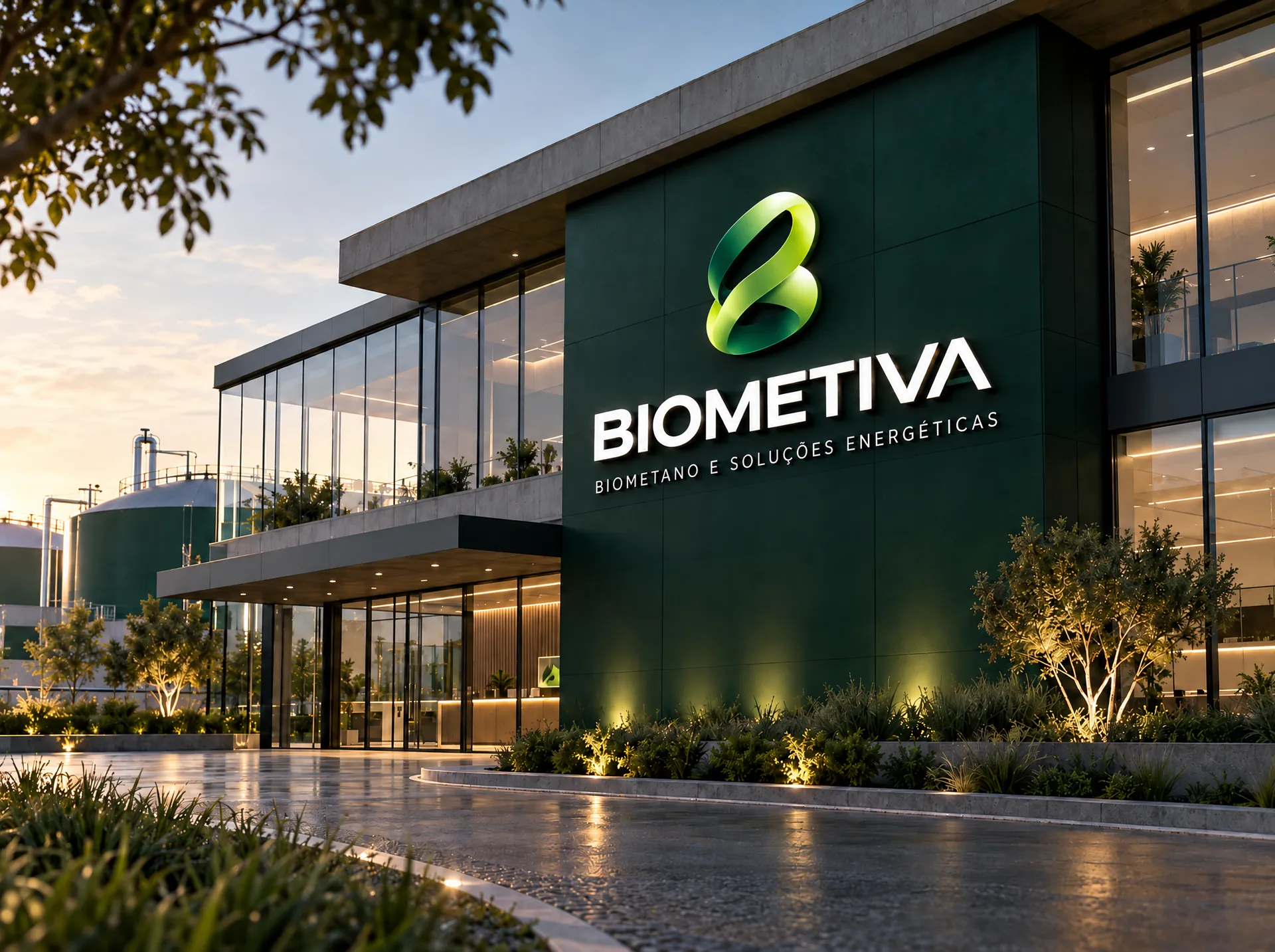 Sede da BIOMETIVA com a identidade visual aplicada na fachada