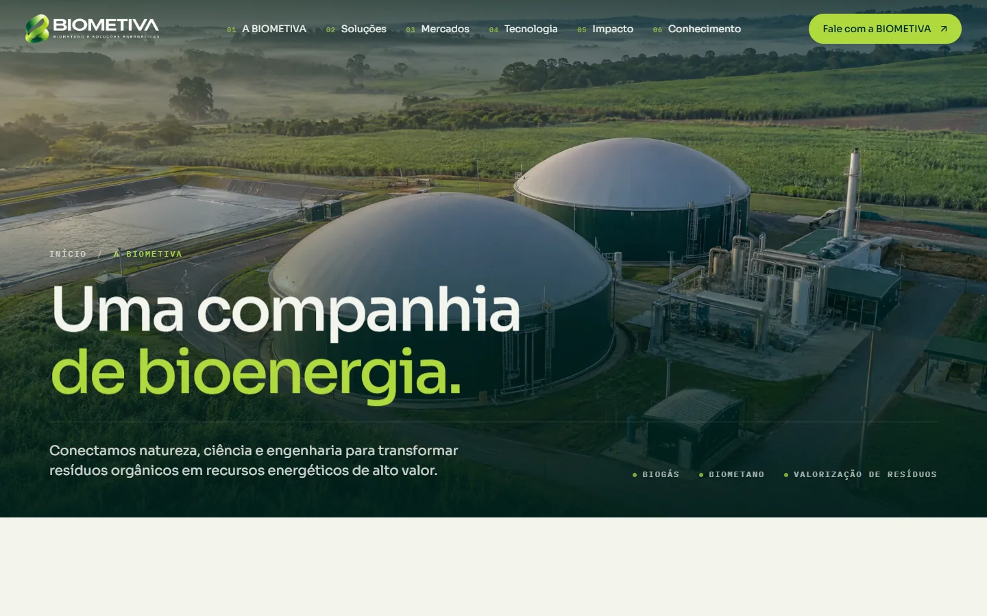 Página institucional do site BIOMETIVA: uma companhia de bioenergia