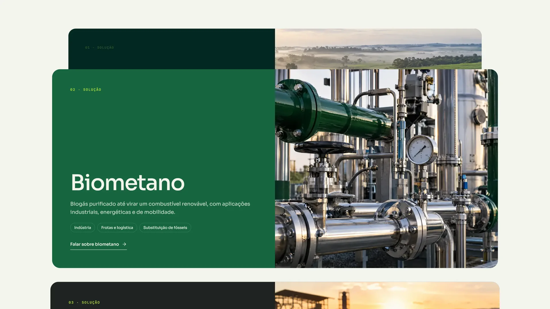 Soluções da BIOMETIVA na home: biometano em cartões empilhados