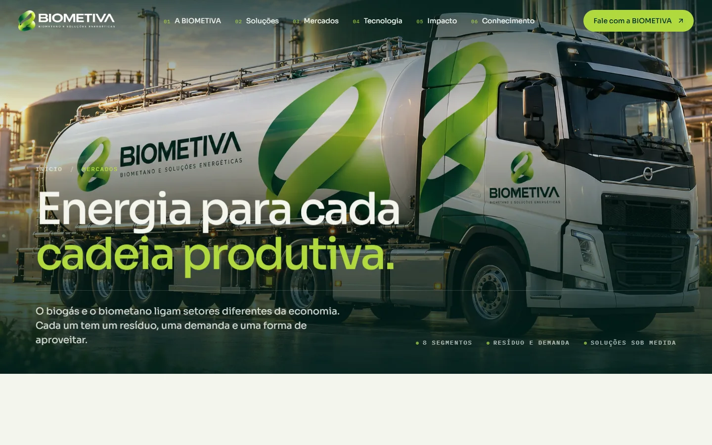 Página de mercados do site BIOMETIVA: energia para cada cadeia produtiva
