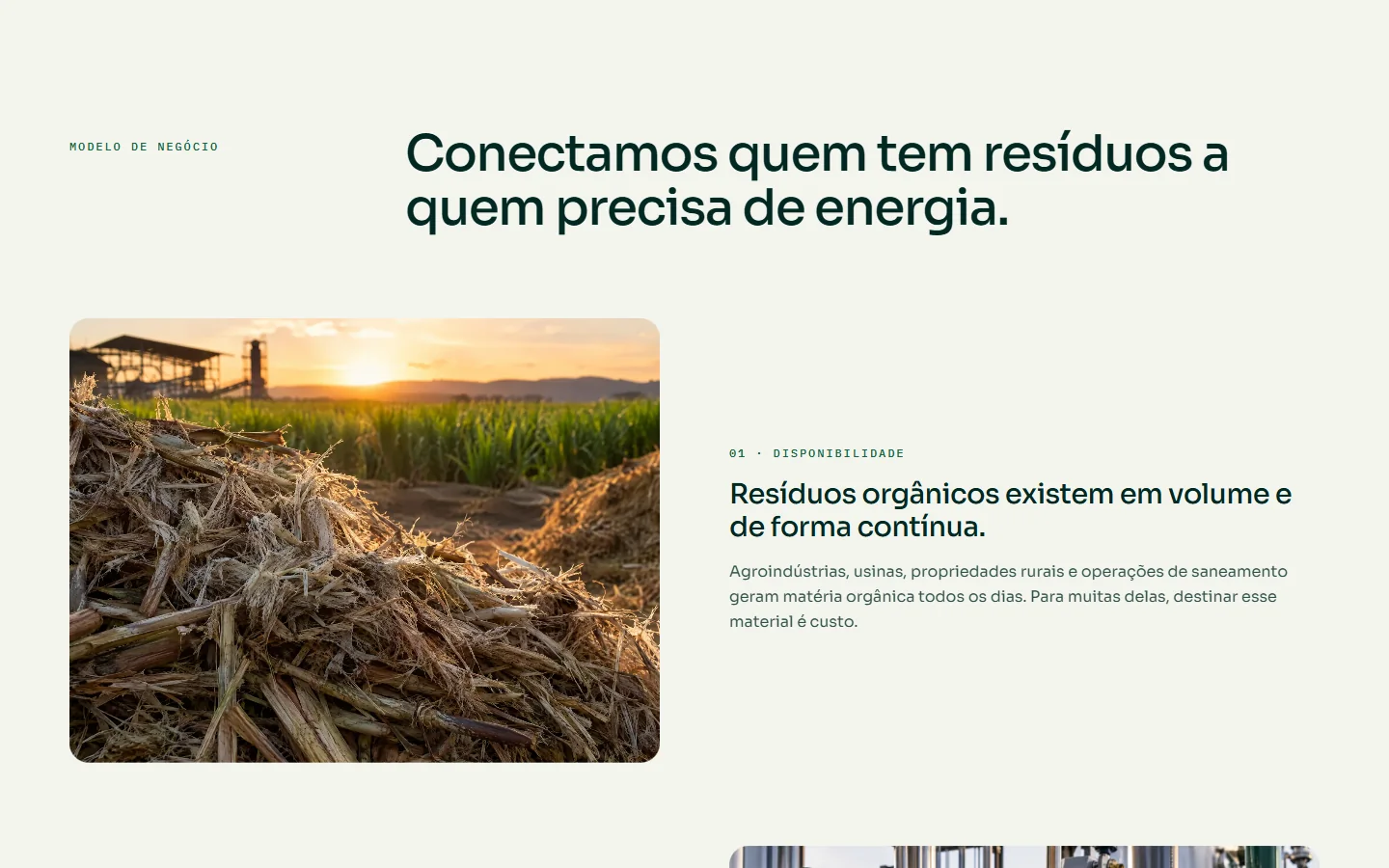 Modelo de negócio da BIOMETIVA no site: conectar quem tem resíduos a quem precisa de energia