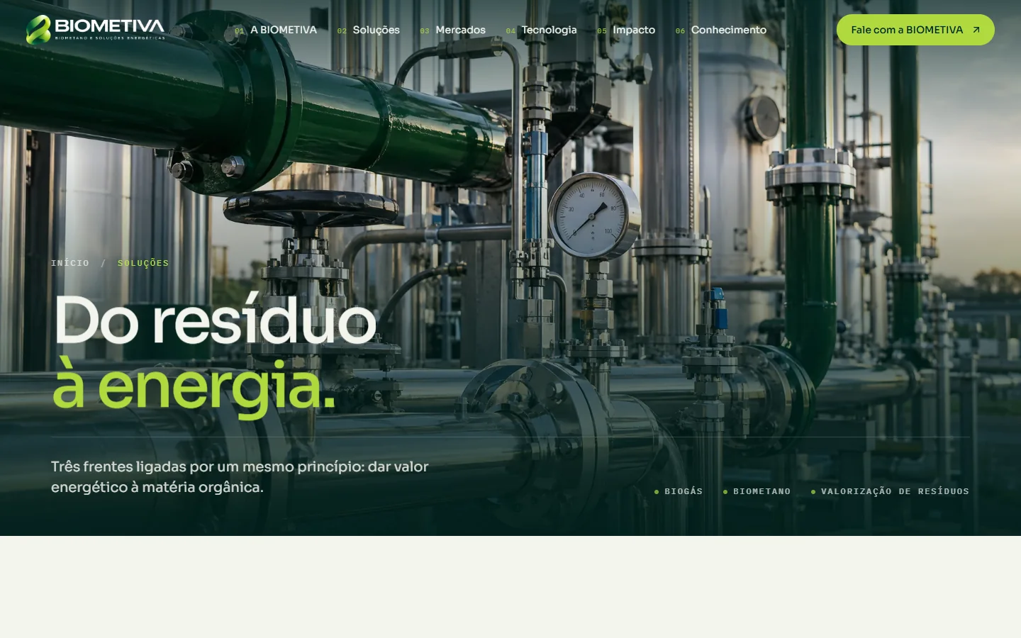 Página de soluções do site BIOMETIVA: do resíduo à energia