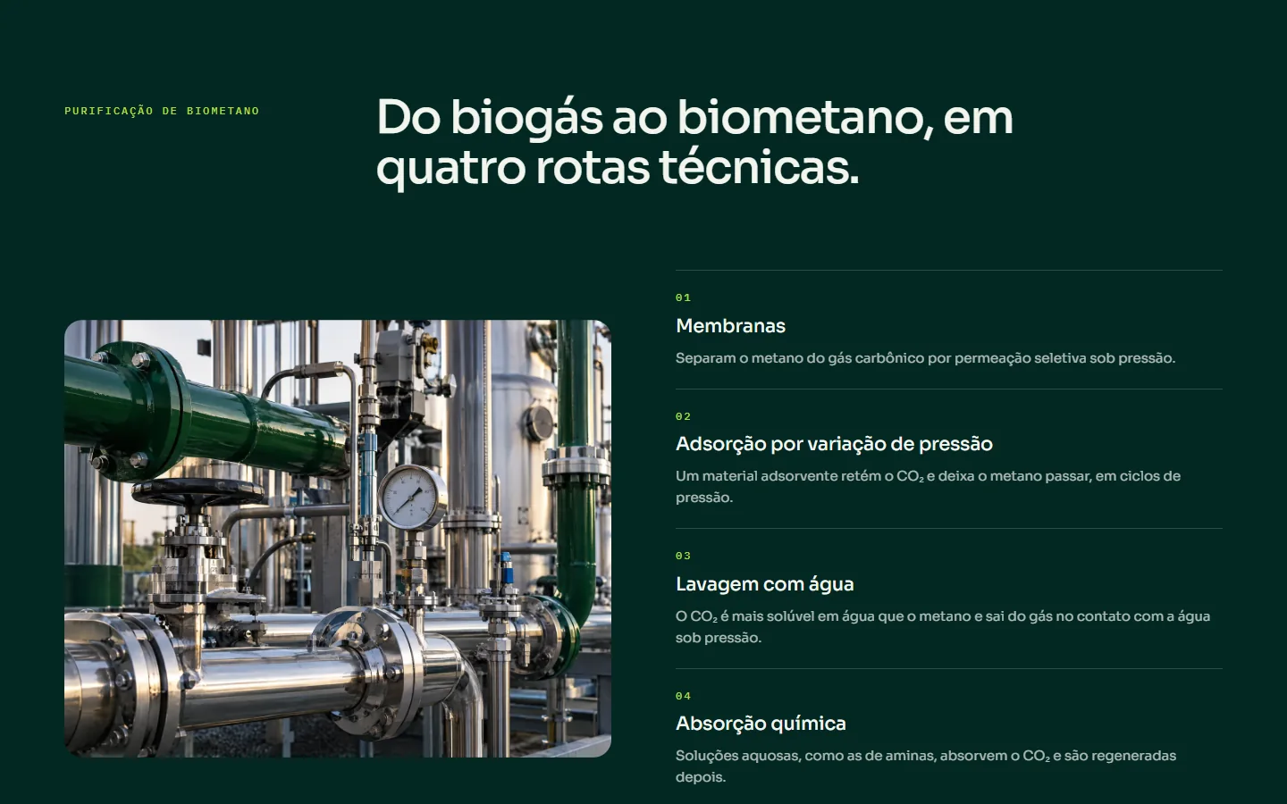 Do biogás ao biometano em quatro rotas técnicas, página de tecnologia da BIOMETIVA