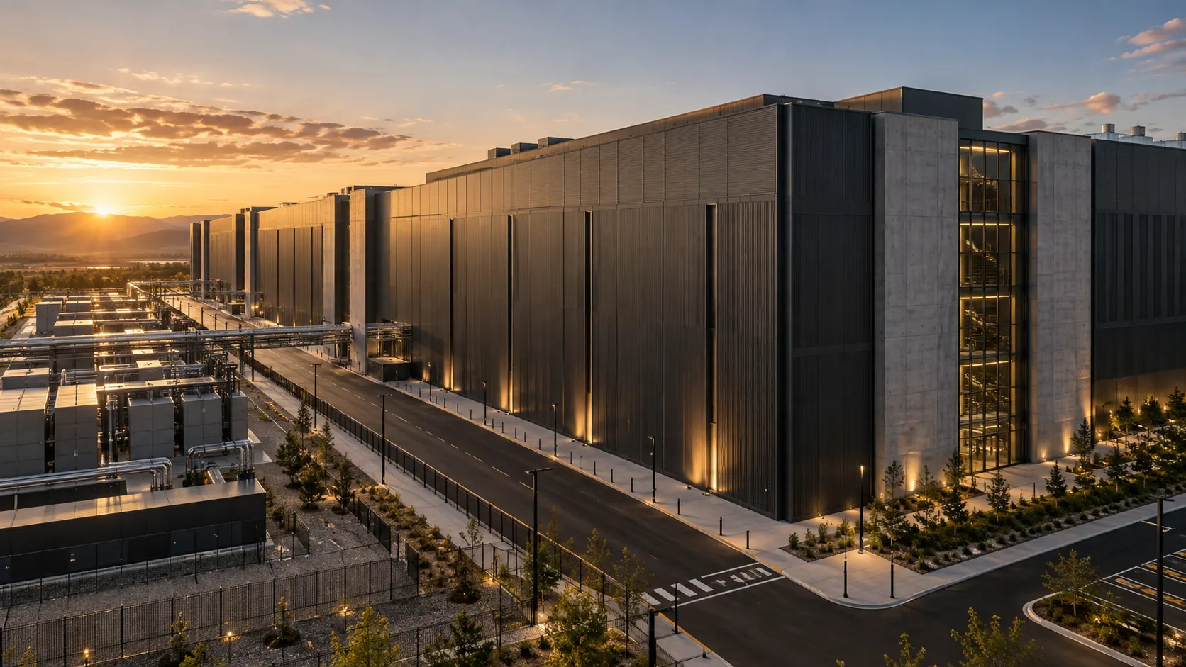 Campus de data center ao entardecer, imagem conceitual da direção de arte da ELQYON
