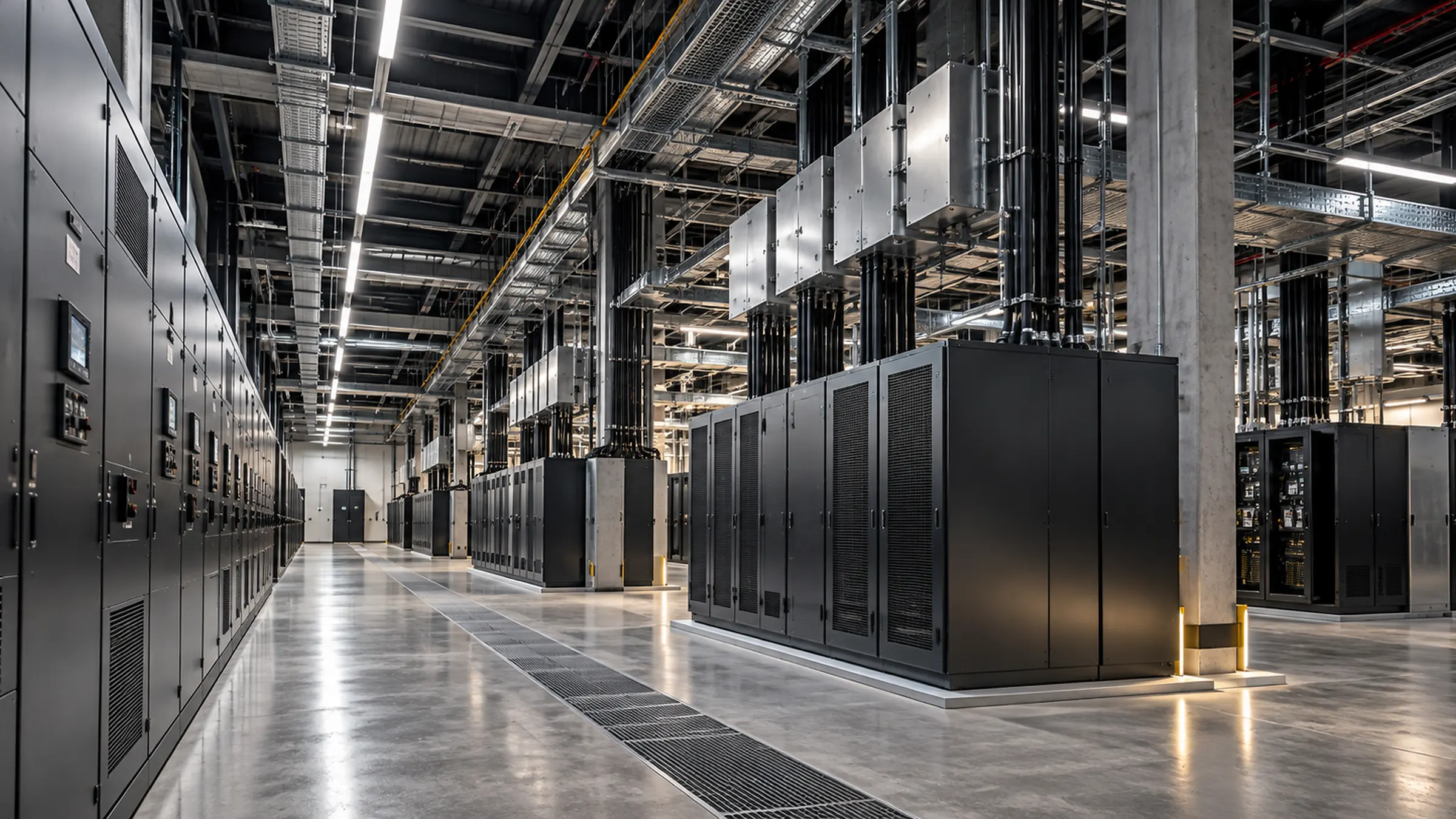 Infraestrutura elétrica de data center em corredor técnico, imagem conceitual