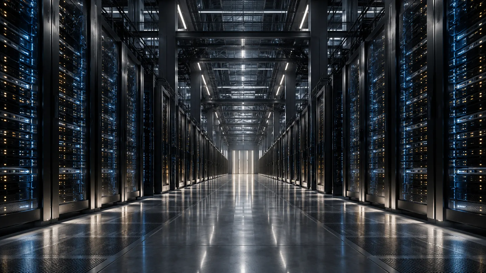 Corredor de data center com racks, imagem conceitual da direção de arte da ELQYON