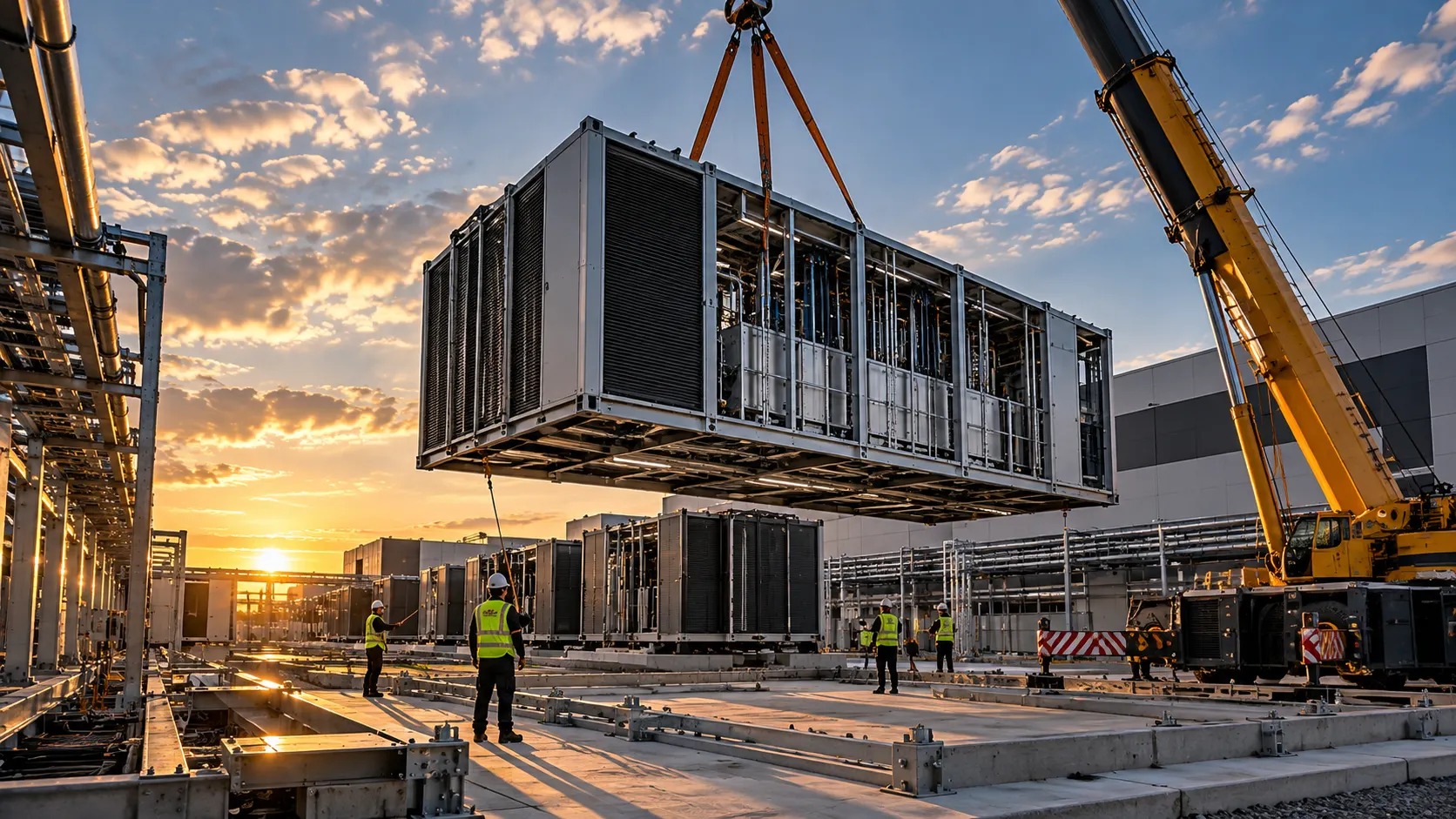 Modular Infrastructure: módulo pré-fabricado sendo içado por guindaste