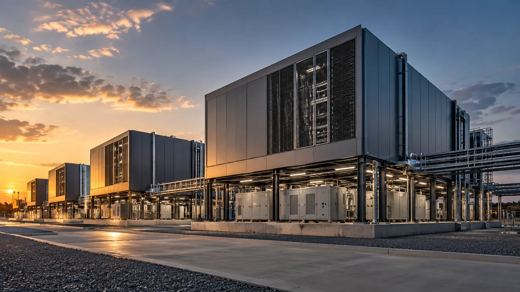 Complexo industrial modular ao pôr do sol, imagem conceitual