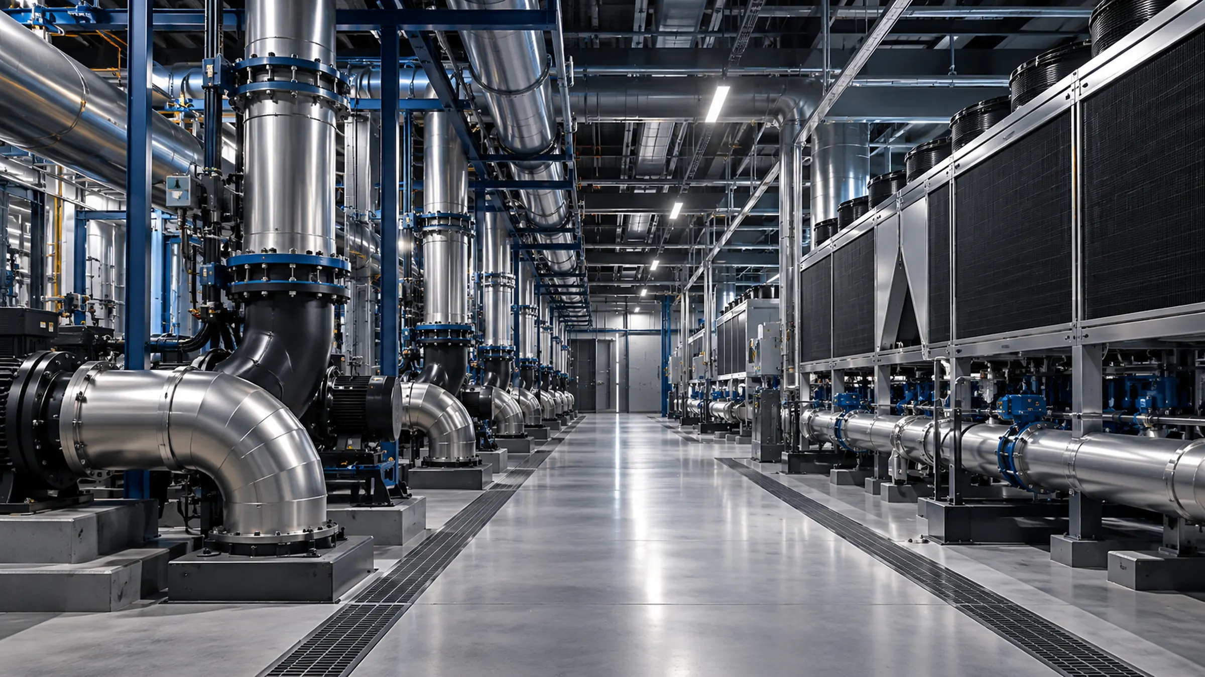 Distribuição térmica de data center com tubulações industriais, imagem conceitual