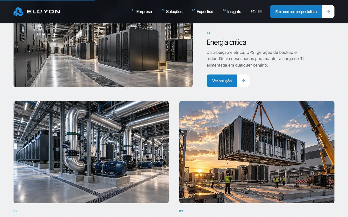 Página de soluções do site ELQYON: cinco frentes que trabalham como uma só