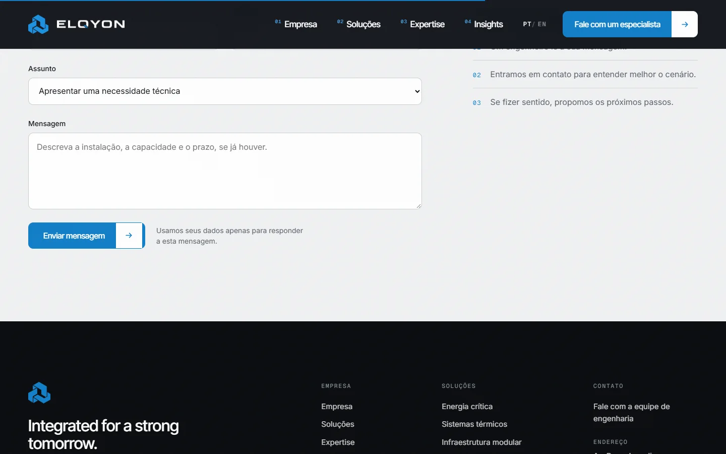 Página de contato do site ELQYON com formulário comercial