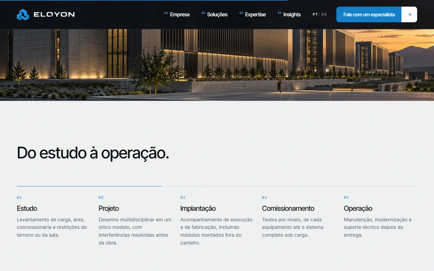 Página institucional do site ELQYON: do estudo à operação