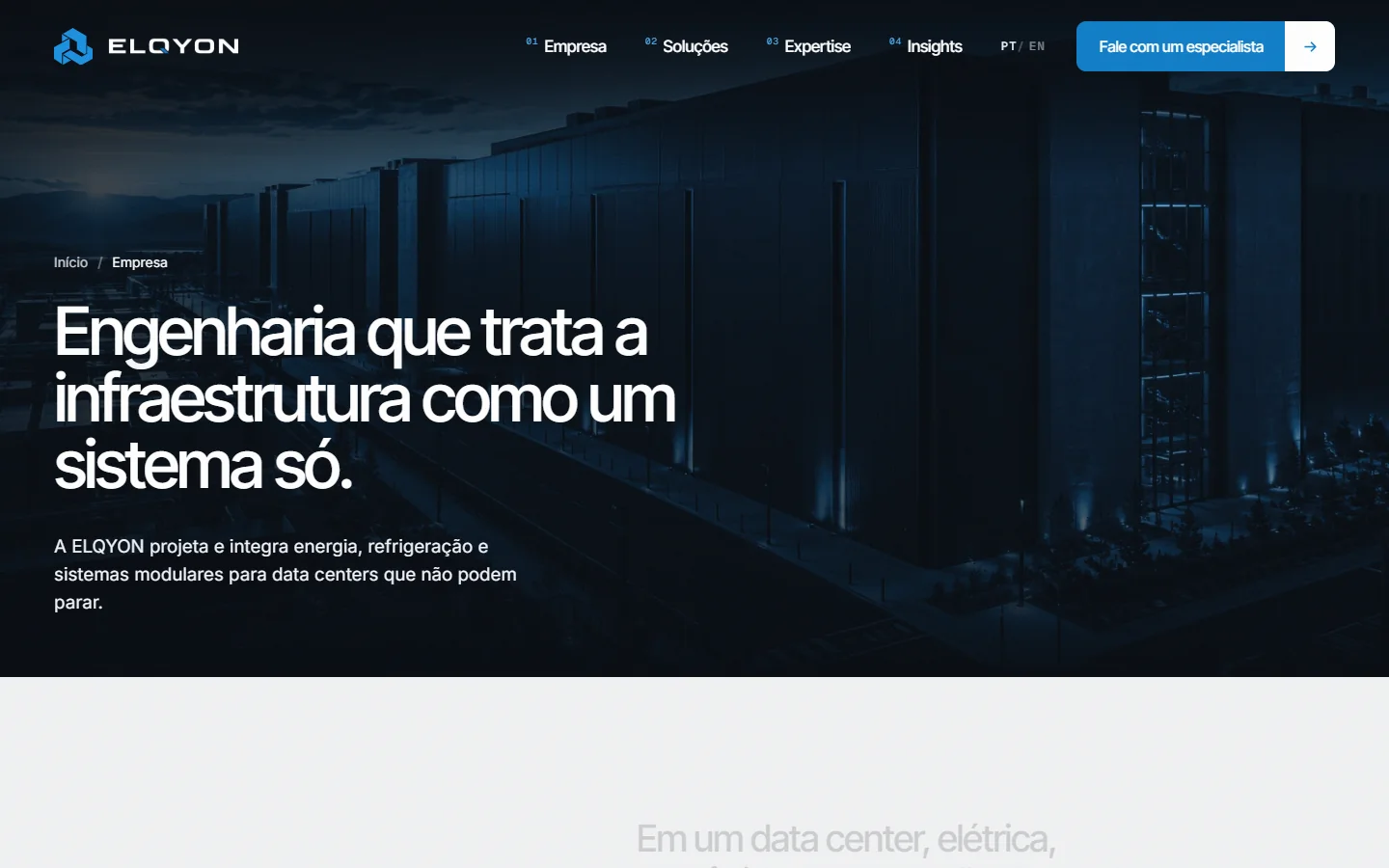 Página institucional do site ELQYON: engenharia que trata a infraestrutura como um sistema só