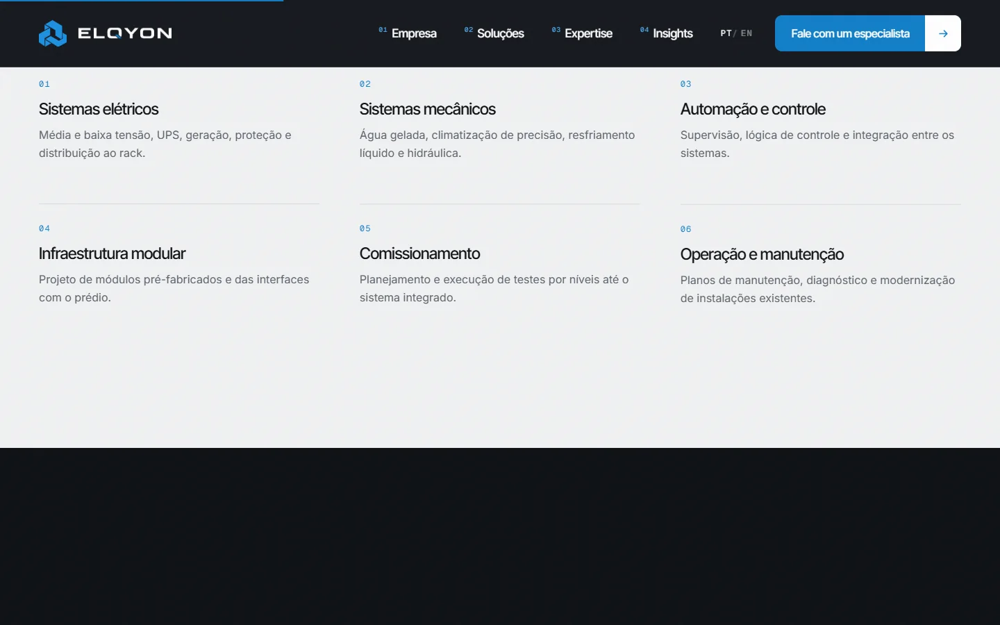 Página de expertise do site ELQYON com as disciplinas de engenharia