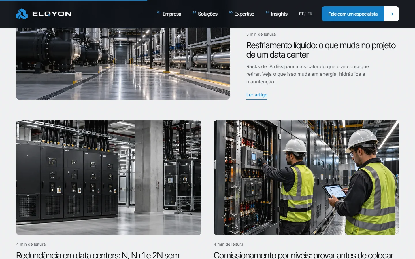 Página de insights do site ELQYON com conteúdo técnico da equipe de engenharia